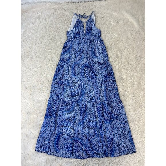 BOSTON PROPER Size 10 Boho Summer Peasant Tiered Maxi Dress Blue Feather Print - Picture 12 of 13